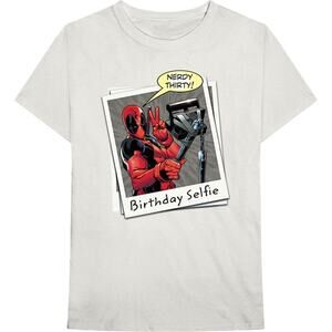 Men's Deadpool Marvel Comics Birthday Selfie Slim Fit T-shirt Small Ecru